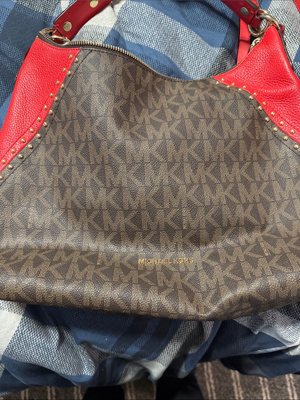 Michael Kors Brown Signature Hobo with Red Trim and Gold Studs